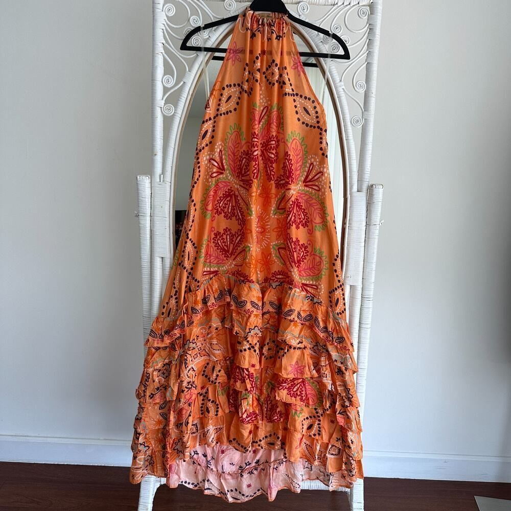 Sundress Maxi Dress M/L Floral Halter Tiered‎ Flounce Boho Resort Vacation Luxe - Picture 5 of 14